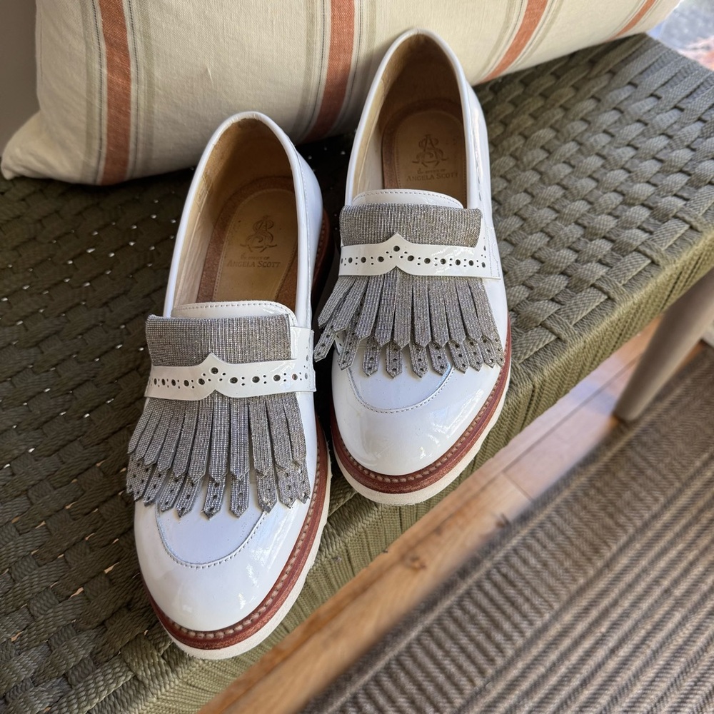The Office of Angela Scott Mr. Pennywise White Metallic Fringe Wedge Loafer - Picture 2 of 8